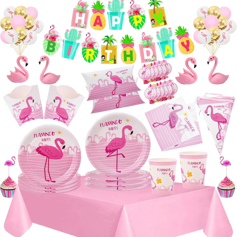 

Pink Flamingo Birthday Party Disposable Cutlery Paper Cup Plate Tablecloth Gift Bag Balloons Kids Hawaiian Party Decorations
