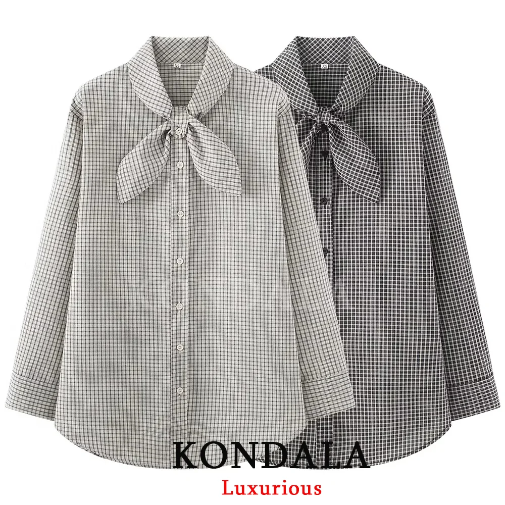 KONDALA Blouse Femme Chic Décontractée Vintage à Carreaux avec Col Nœud Papillon et Boutons, Manches Longues, Tendance Printemps-Été 2026