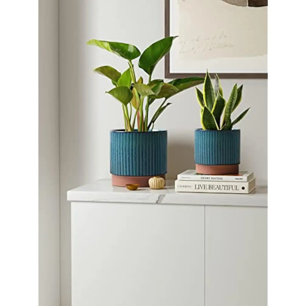 Ceramic Planters with Drainage Holes, Modern Stripe Design, Set of 3 Round Pots in Graduated Sizes 8 6.7 5.5 Inches, Reactive Gl