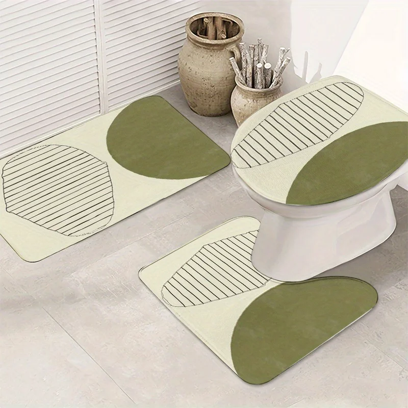 

Green Stripe 3pc Bath Set – Non-Slip Flannel Toilet Lid Cover + U Mat