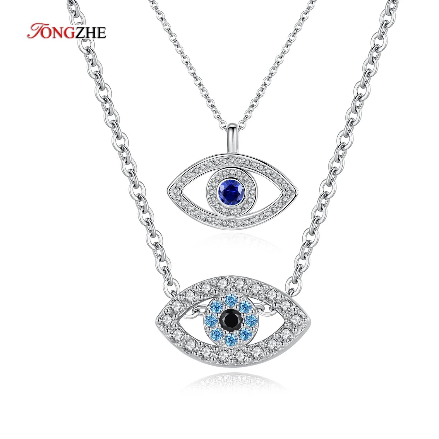 

TONGZHE 925 Sterling Silver Necklace Pendant Lucky Evil Eye Blue CZ Long Link Chain Turkey Jewelry Sapphire Aquamarine Necklace