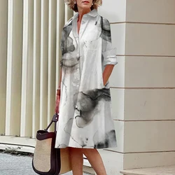 Plus-Size Women's Summer Women's Dress Daily Commute Lapel Long-Sleeved Shirt Dress French Oil Print Single-Breasted Dress