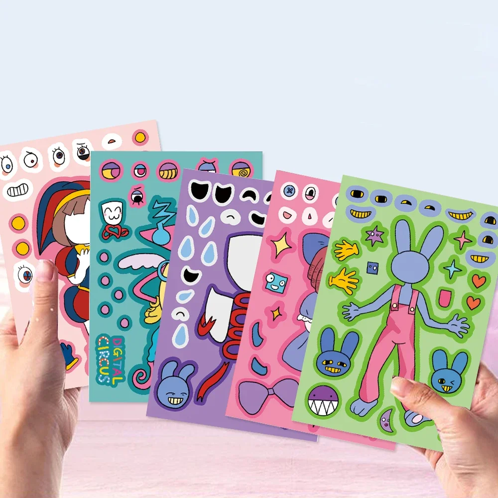 8/16Sheets The Amazing Digital Circus Stickers Kawaii DIY Cartoon Sticker Cute Make A Face Puzzle Sticker Kids Birthday Gift Toy