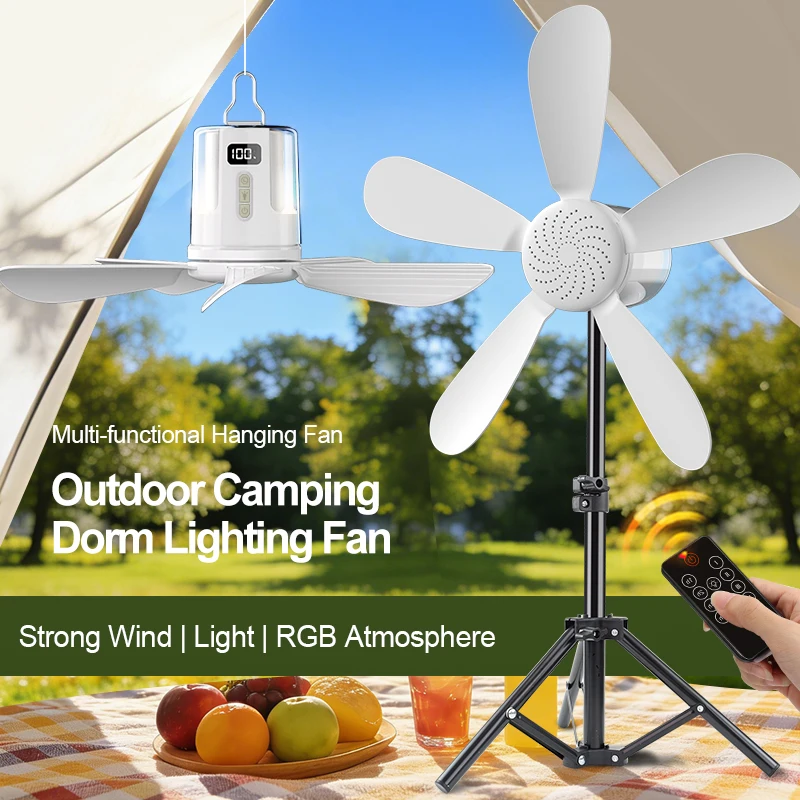 Portable Camping LED Ceiling Fan Rechargeable Auto‑Stop 4 Gear RGB Timer Remote Control for Tent Dorm Outdoor Travel Hanging Fan