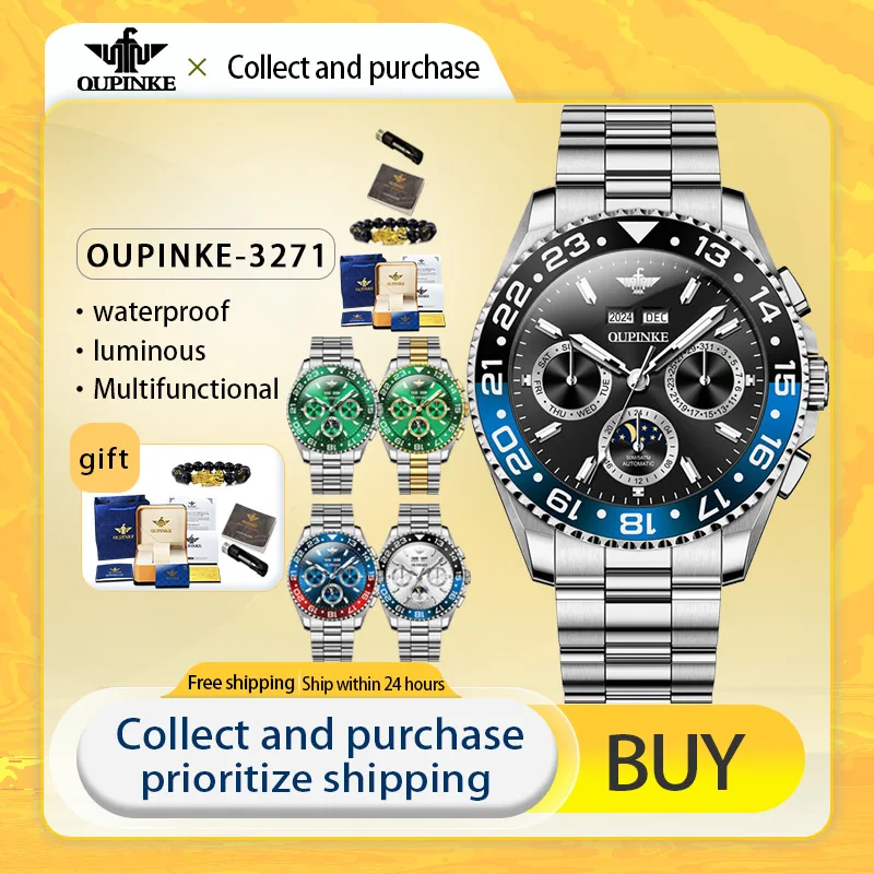 

OUPINKE Top Luxury Brands Skeleton Men's Watches Original Waterproof Fully Automatic Mechanical Watch Luminous Moon Phase Date