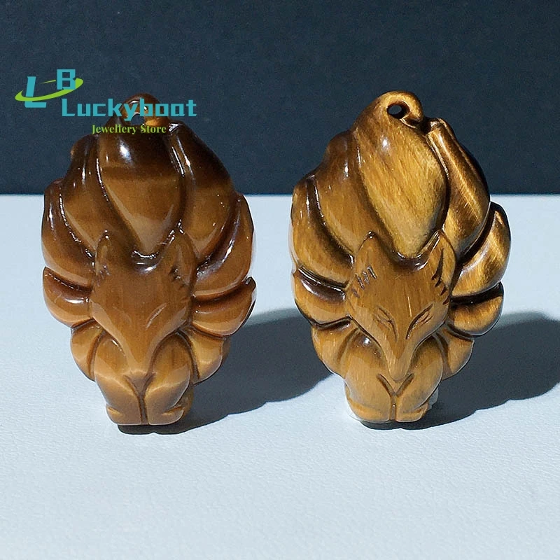 Tiger Eye Nine Tailed Fox Pendant Jewelry Amulet Gifts Gemstone Carved Charm Natural Necklace Fashion Chinese Jade Jadeite