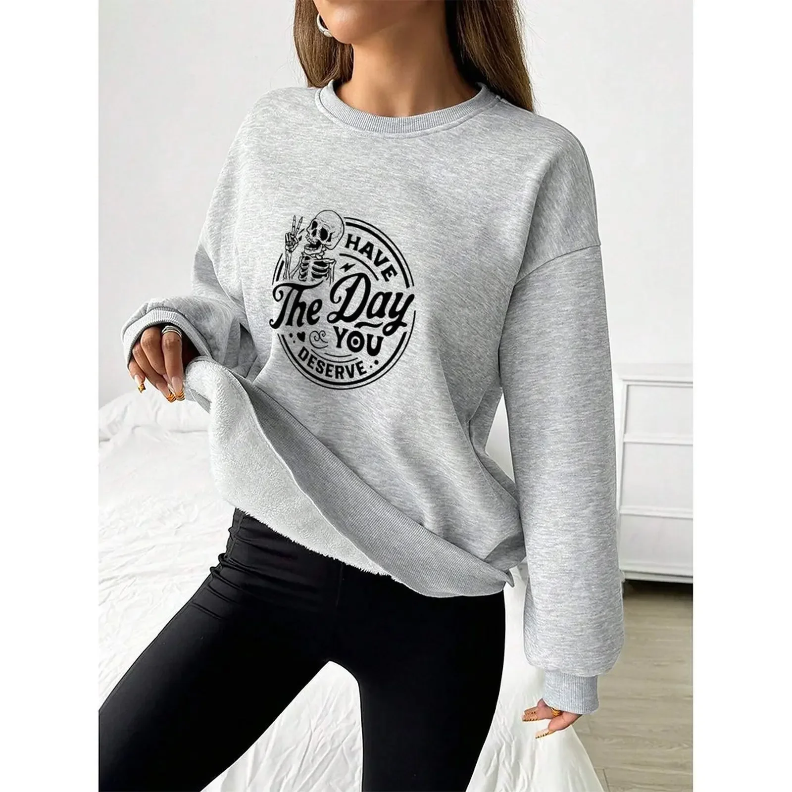 

Womens Winter Round Neck Long Sleeve Velvet Casual Positive Funny Skeleton Print Pullover Sweatshirt Autumn Woman Clothes 2025