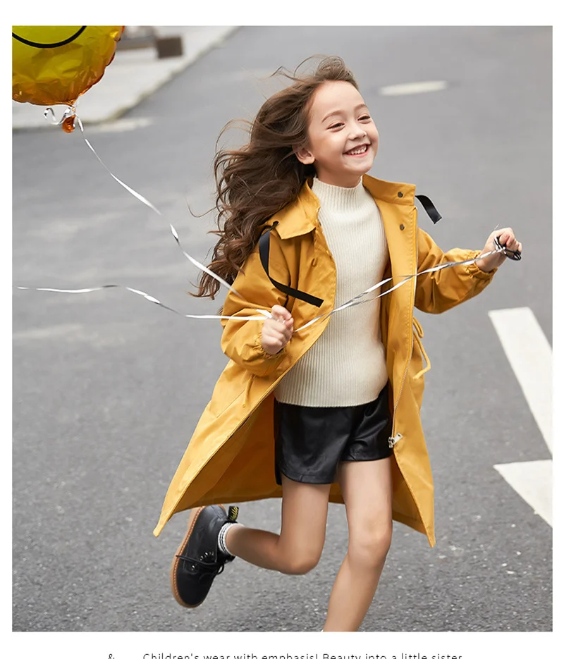 Girls Autumn Jackets Long Style Trench Solid Colour Coat Kids Hooded Overcoat Teens Casual Zipper Trench Spring Outer Clothing