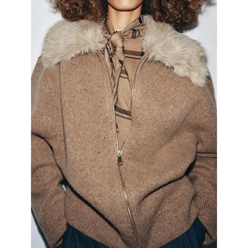 

Fur Collar Patchwork Tweed Coat Women Fashion Round Neck Long Sleeve Zipper Loose Outerwears Lady Daily Commute Street Jacket
