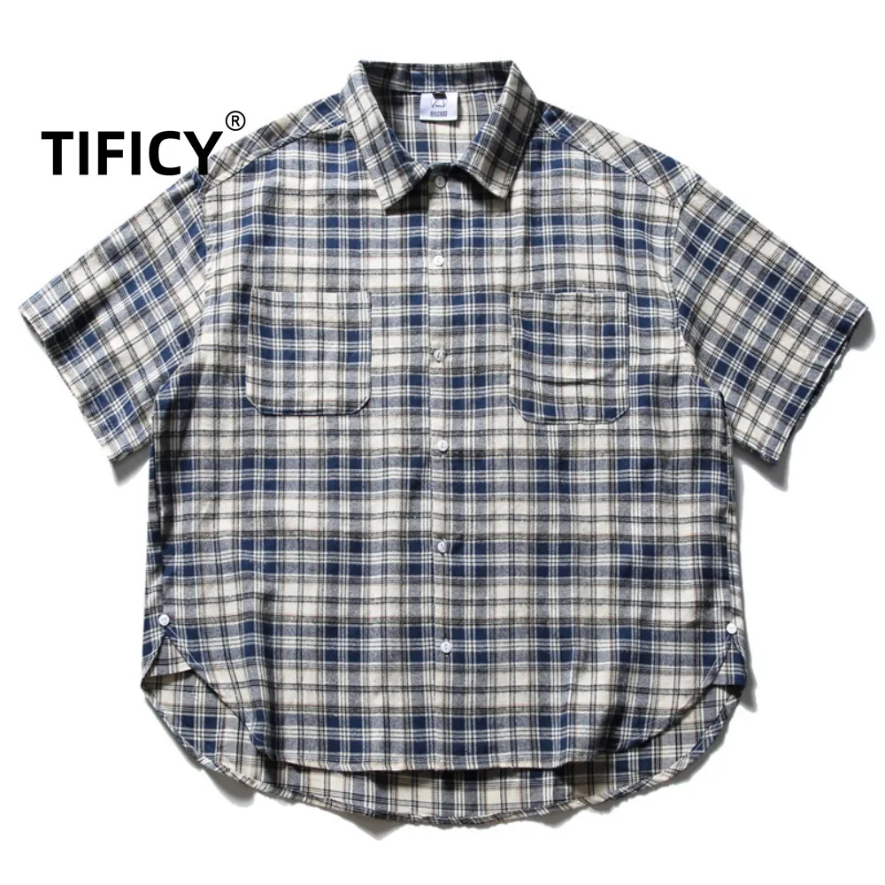 

100% Cotton Japanese Style Silhouette Artistic Youth Plaid Short Sleeved Shirt Men's Loose Cotton Workwear Half Sleeved Shirts