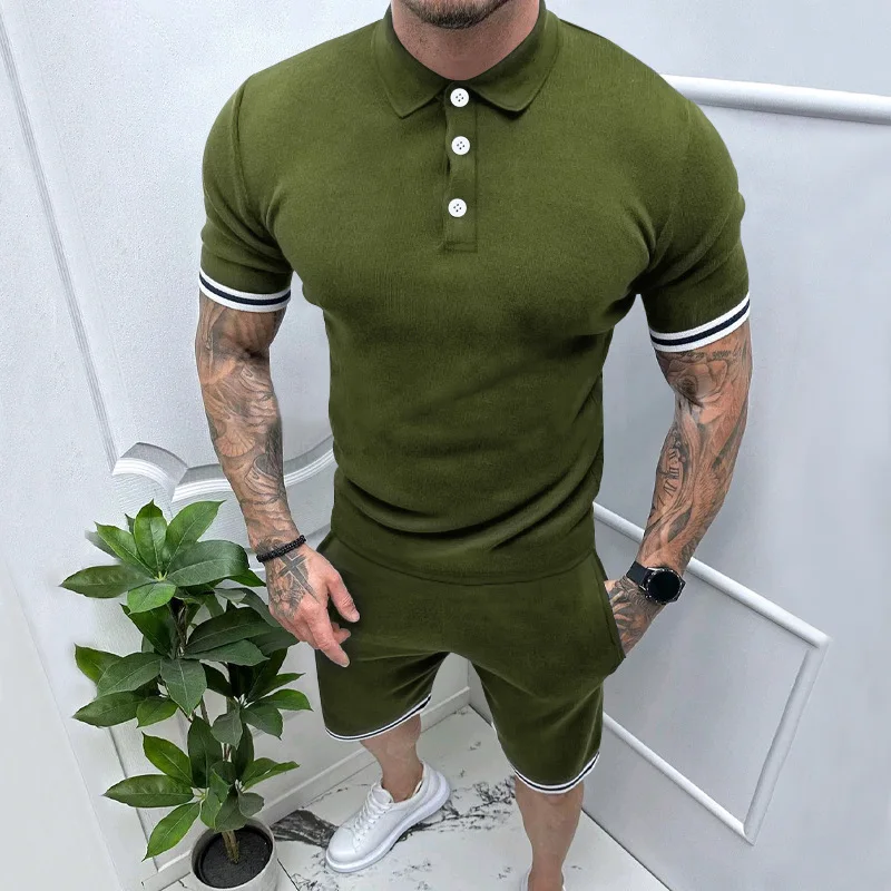 Summer New Polo-neck Casual Fashion Patchwork T-shirt Elastic Waist Drawstring Shorts Set Male Sporty Tee Loose Short Pants Suit