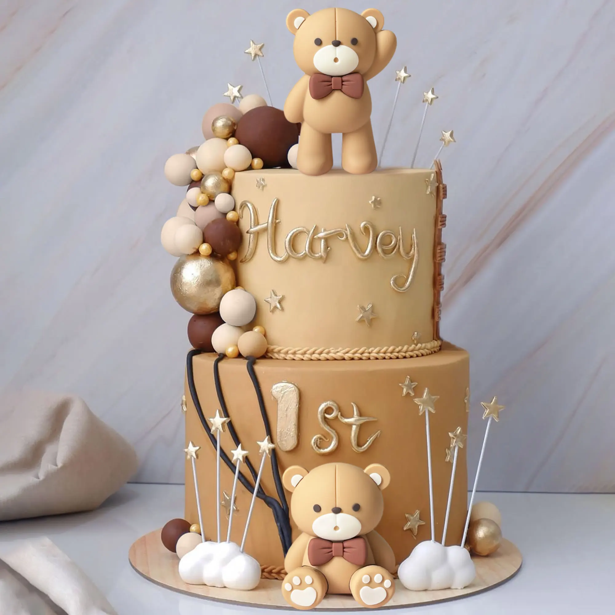 LaVenty Beige Brown Bear Cake Decoration Brown Balls Cake Topper Boho Bears Cake Decoration Baby Shower Birthday Cake Decoration view 2