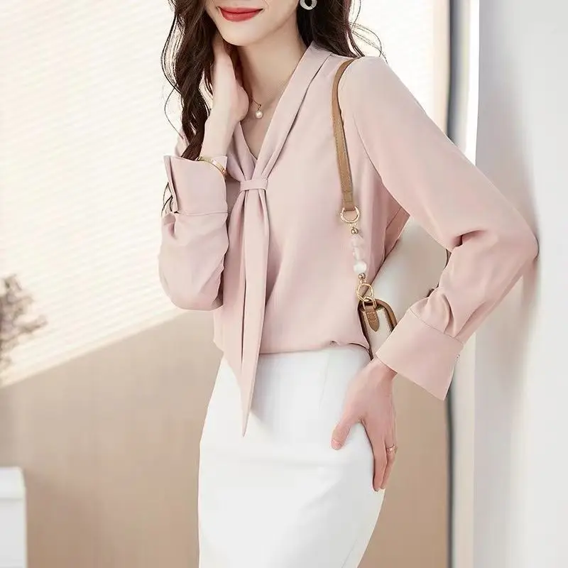 Spring Autumn New Solid Color V-neck Long Sleeve Blouse Women High Street Button Patchwork Pullovers Elegant All-match Chic Top