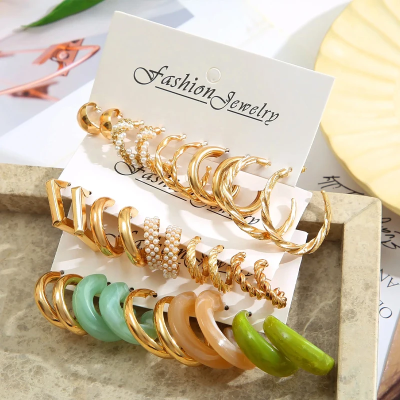 30 Pcs Boho Colorful Geometric C Alloy Resin Earrings For Women New Festive Parties In Europe And The United States Jewelry Gift