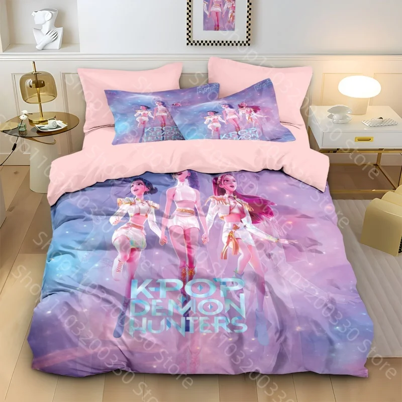 Ensemble de literie pour enfants K Pop Demon Hunters, housse de couette pour filles, taie d'oreiller mignonne à motif de dessin animé, sac de lit imprimé anime, décoration textile pour la maison