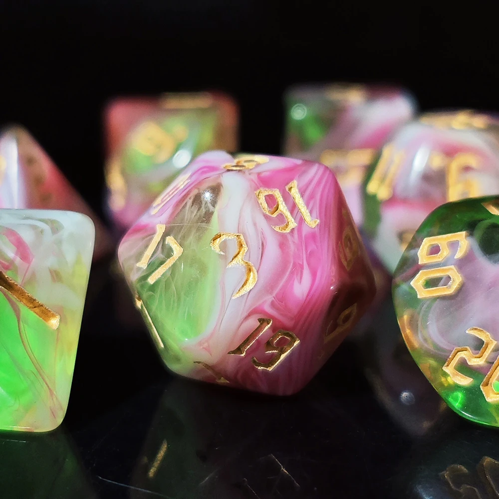 Marbled Pink Green Polyhedral Dice Set 7PCS Swirl Acrylic Dice, Gold Ink for DND TTRPG Tabletop Games