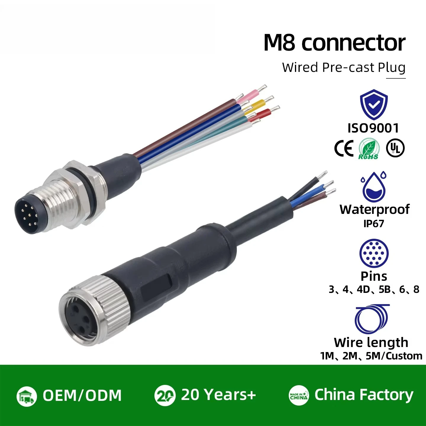 Customized M8 Aviation Plug Straight/Right Angle Male/Female Mold Cable Connector 3 4 5 6 8 Pin PVC TPU 1M 2M 3M 5M
