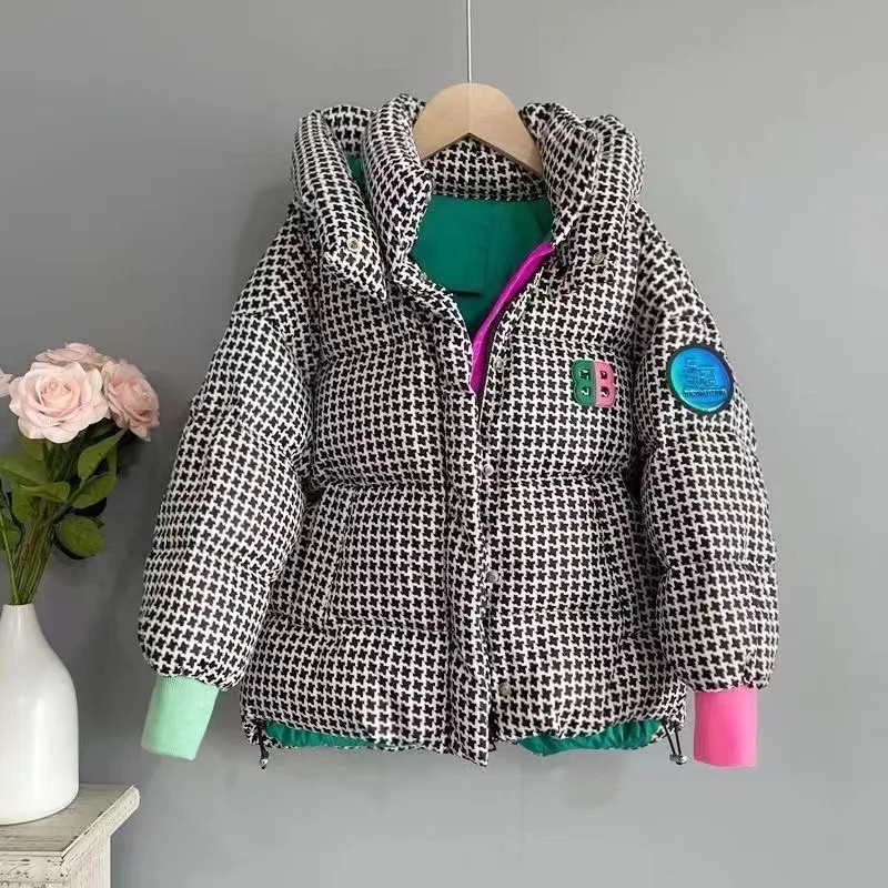 Girls Down Coat Jacket Cotton Windproof Outwear 2023 Houndstooth Warm Thicken Velvet Winter Skiwear Children\'s Clothing