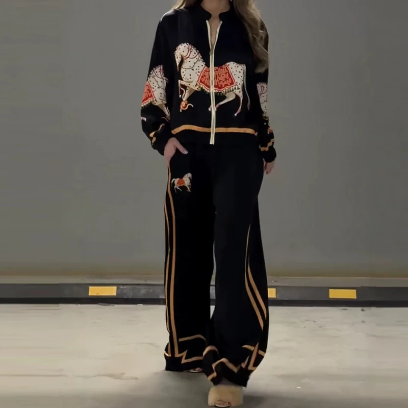 Autumn Long Sleeve Zipper Coat & High Waist Pants Set Retro Animal Print Sportwear Suit Winter Loose Women 2pcs Trcksuit Outfits