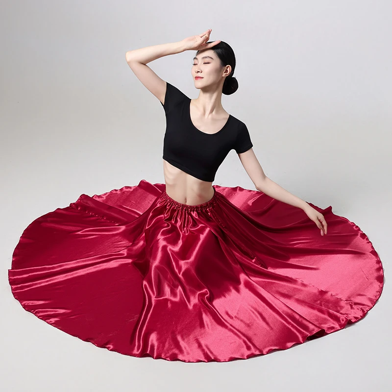 Dames satijnen lange rok met elastische tailleband voor ballroom Latin buikdans volledige cirkel prestatierok