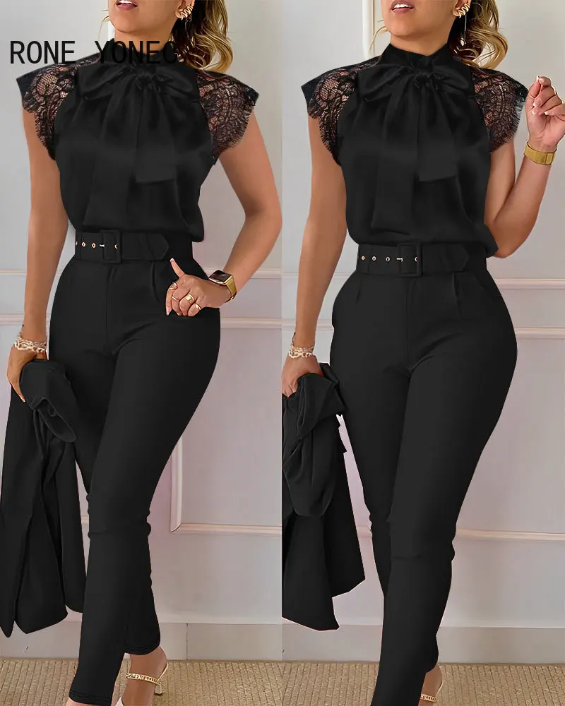 Women Scarf Collar Lace Patchwork Sleeveless Tank Tops & Solid Bottom with Belt Working Pants Set