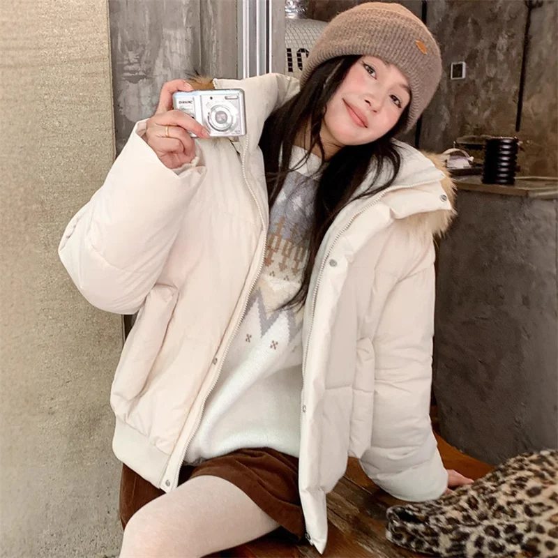 New Down Cotton-padded Jacket Women's Winter Short Parkas Fashion Fur-collar Hooded Coats Lady Tops Thicken Warm Outerwear