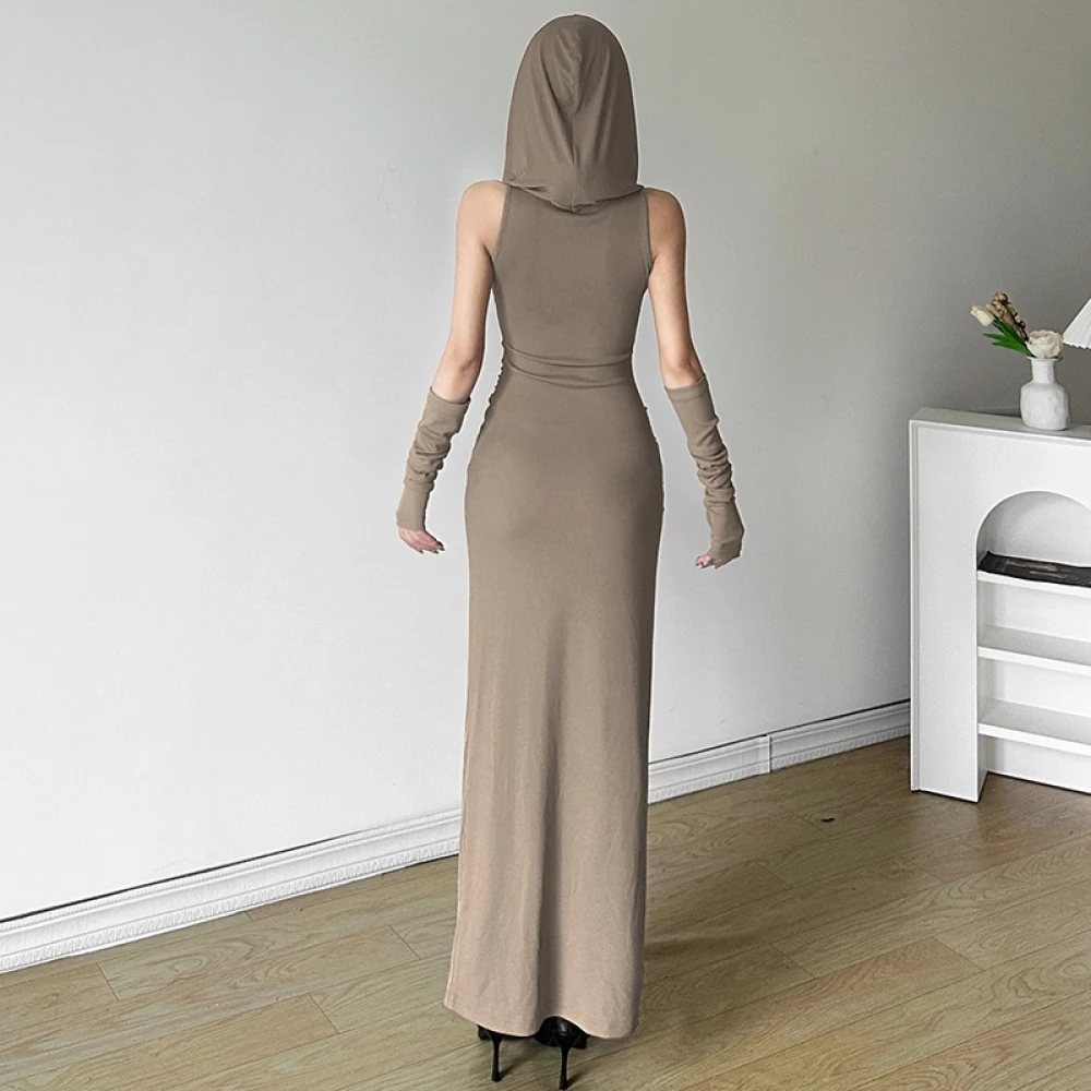 SylCue カジュアルファッション フード付きドレス 女性 スイングカラー ノースリーブ ハイスプリットヘム ストリート エレガント ベーシック クラシック ロング ボディコン