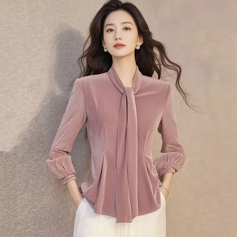 

Korean Style Top with a Cinched Waist and Long Sleeves Pink Purple Velvet Shirt for Women