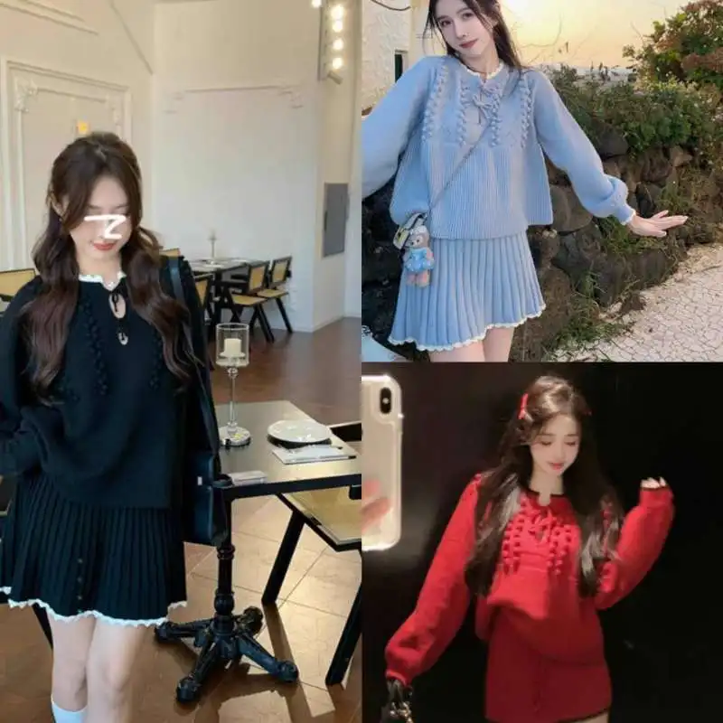 Conjunto de falda y suéter de punto azul de estilo coreano, traje de dos piezas suave y dulce para mujer, manga acampanada Ultra larga, Color puro, corte holgado