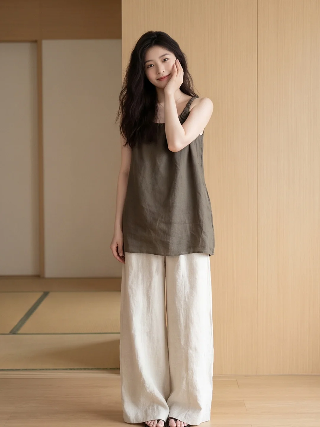 Beach Vacation Style Women's Tank Top Wide Leg Pants Set Summer Slimming Small Size Two Piece Suit Polyester Fiber Long Pants