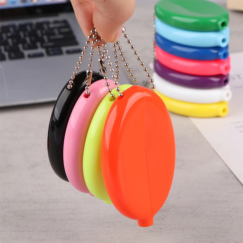 Small Oval Coin Purse Mini Earrings Rings Storage Box With Chain Solid Color PVC Fashion Portable Bag Pendant