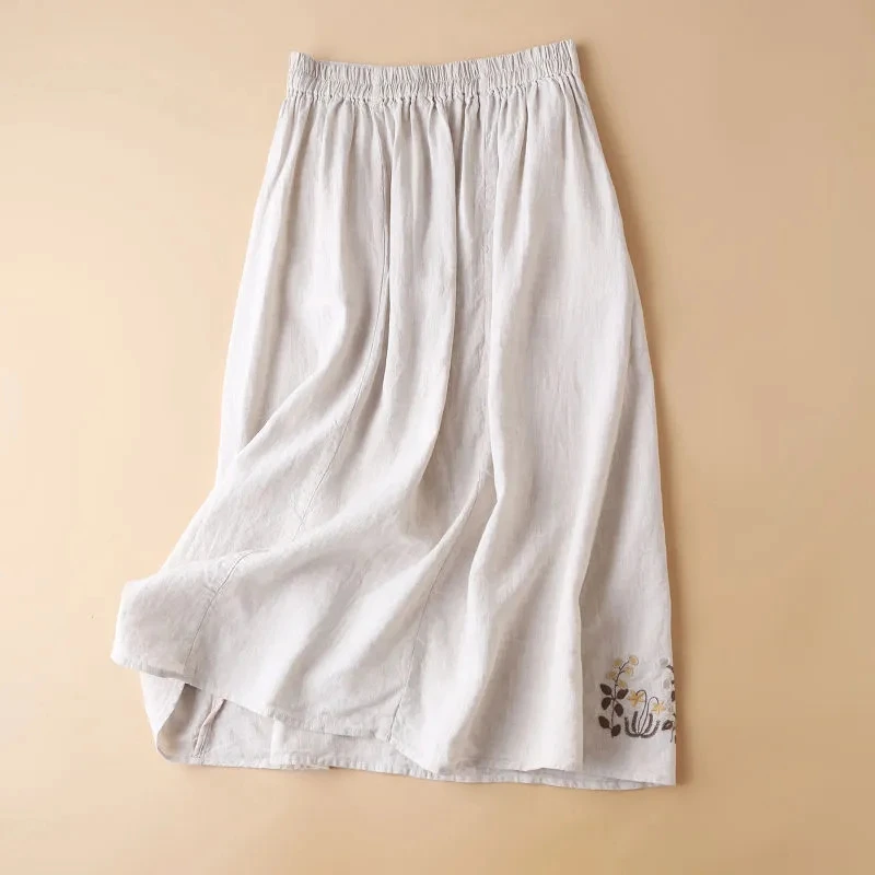 Large Size Cotton Linen embroidery Women Skirt Elastic Waist Casual Long Midi A-Line Skirt Literary Big Swing skirt