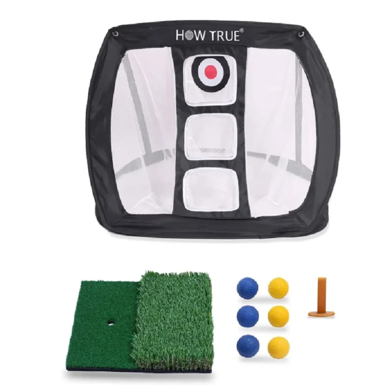 Pop Up Golf Chipping Net Dual Turf Hitting Mat with 3 Rubber Tees Combo 6 Training Balls for Practice