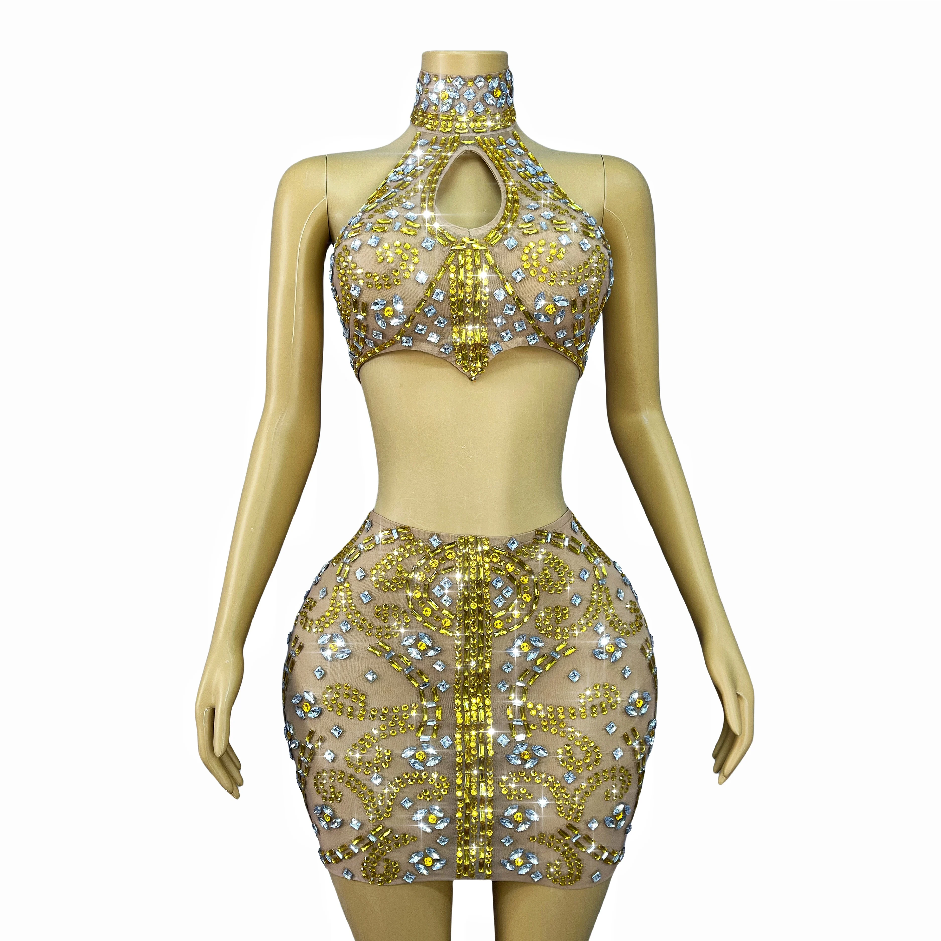 Luxury Perform Outfit Shining Rhinestones Tank top Skirt Split set Party Celebrate Singer Dancer Stage Costume Shuanghuanglian