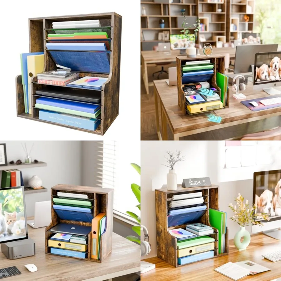 

7 Tier Desk File Organizer, Wooden Letter Tray Paper Organizer with Adjustable File Holder, Mesh Desktop Organizer and Storage