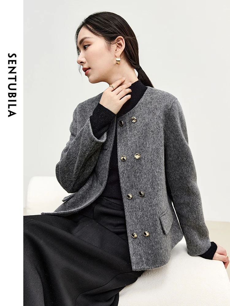SENTUBILA Women Solid Short Woolen Coat 2025 Elegant Crew Neck Straight Short Jackets Office Lady Winter Coat Female W44O56641
