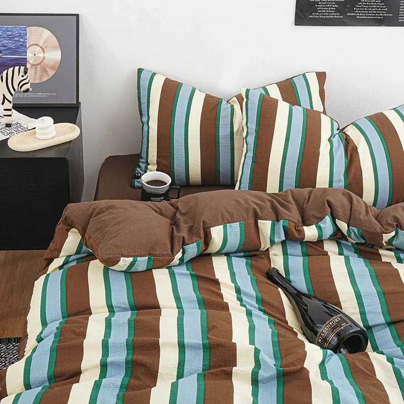 Retro Striped Bedding Set Mid-Century Vintage Duvet Cover Set Soft Flat Sheet Single Size Double Bed Sheet Set For Bedroom