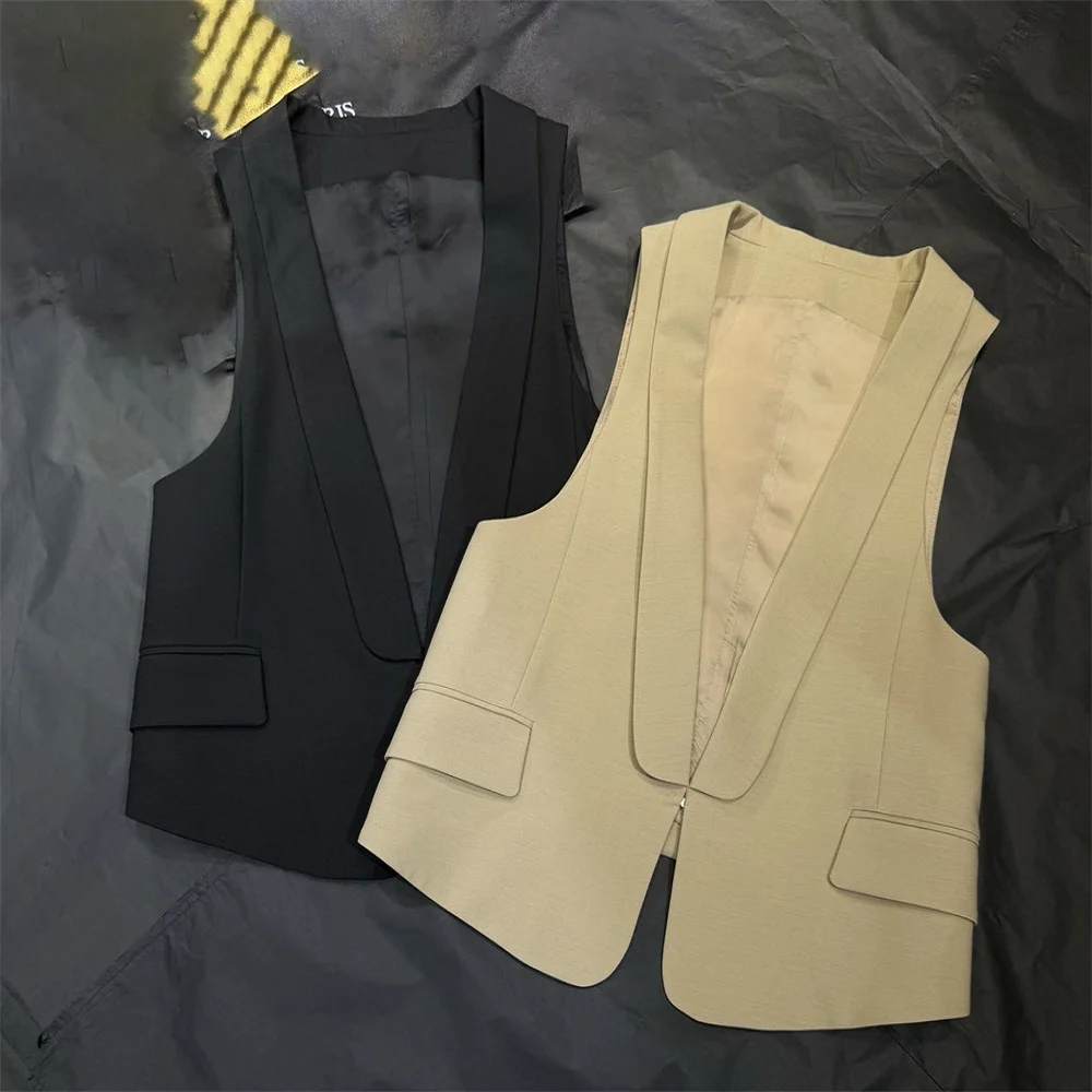 2026 women's top vest, vest, plain weave fabric, loose casual pocket, lapel, women's vest, y2k New fashion versatile cardigan
