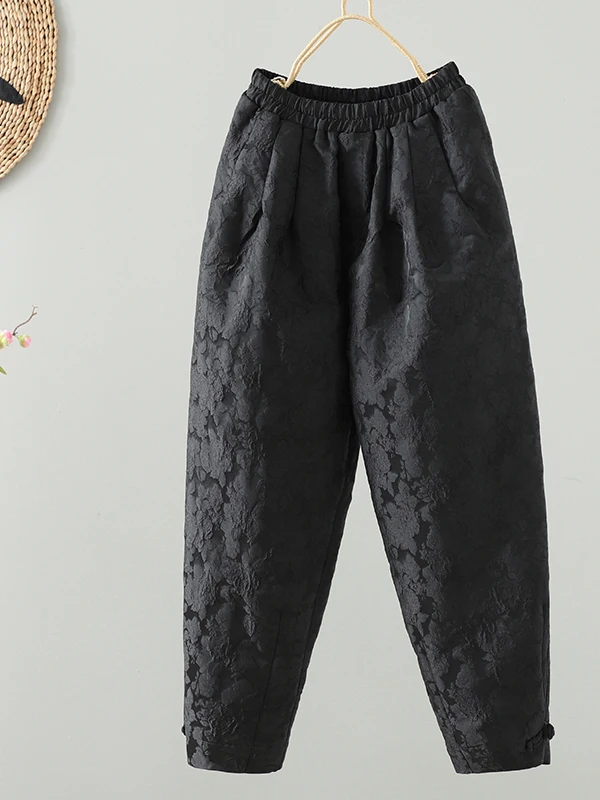 Authentische Blumenstickerei Seiden-Leinen-Hose mit Fleecefutter, Winterwarme Retro-Künstlerische Laternenhose mit Hoher Taille und Elastikbund