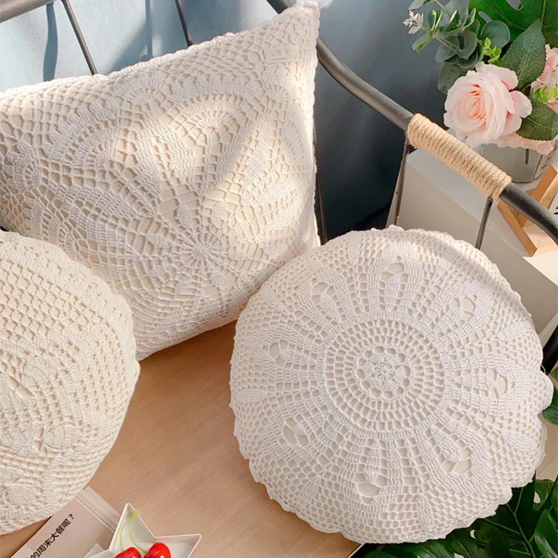 Cotton and Linen Crochet Cushion Cover Handmade Crochet Woven Pillow Case 40*40cm Decorative Pillows for Sofa Square Circular