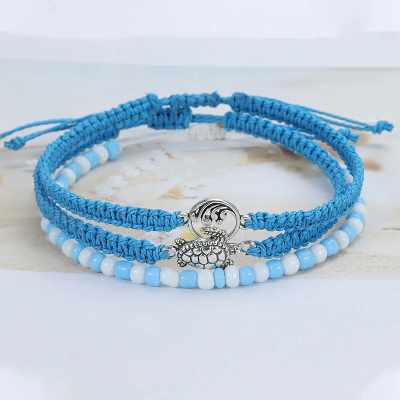 Beach Surfer Wave Bracelet for Women,Ocean Wave Adjustable Waterproof Handmade Braided String Beaded Bracelet Friendship Anklets