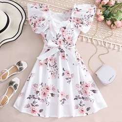 2024 Teen Girls Dress Short Sleeve Floral Elegant Casual Summer Lace Up Children Clothes Girls Dresses 8 9 10 11 12 Years Old