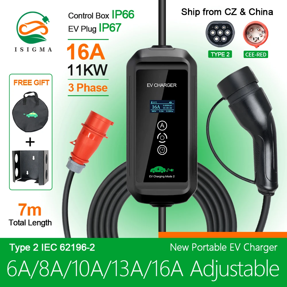 ISIGMA Type2 CEE RED Portable EV Charger 16A 11KW with 7M Cable Type 2 Charging For EU Eletric Vehicle Hybrid