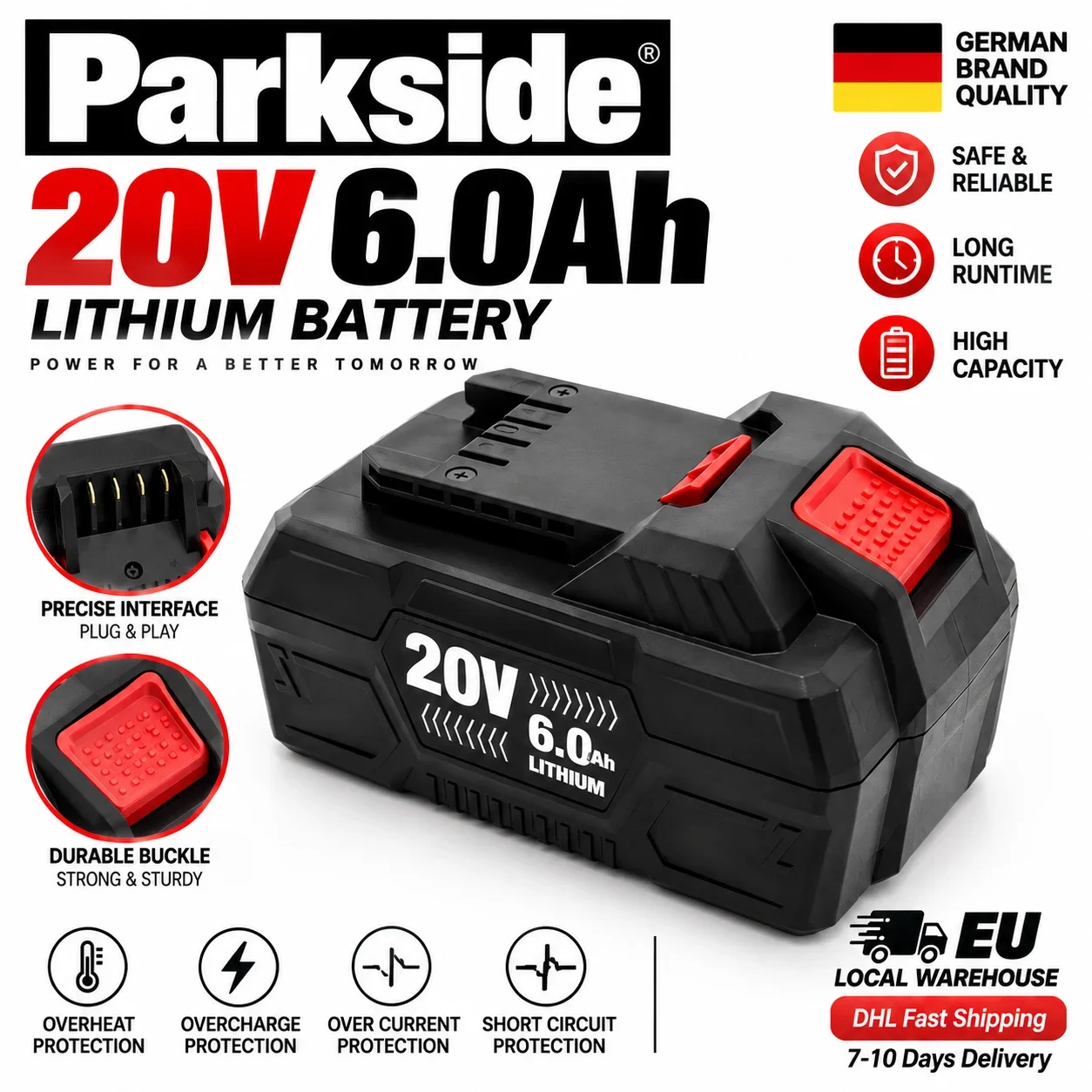 Batteria al litio di ricambio per Parkside 20V 6.0Ah, perfetta compatibilità, interfaccia Plug & Play per utensili senza fili Parkside