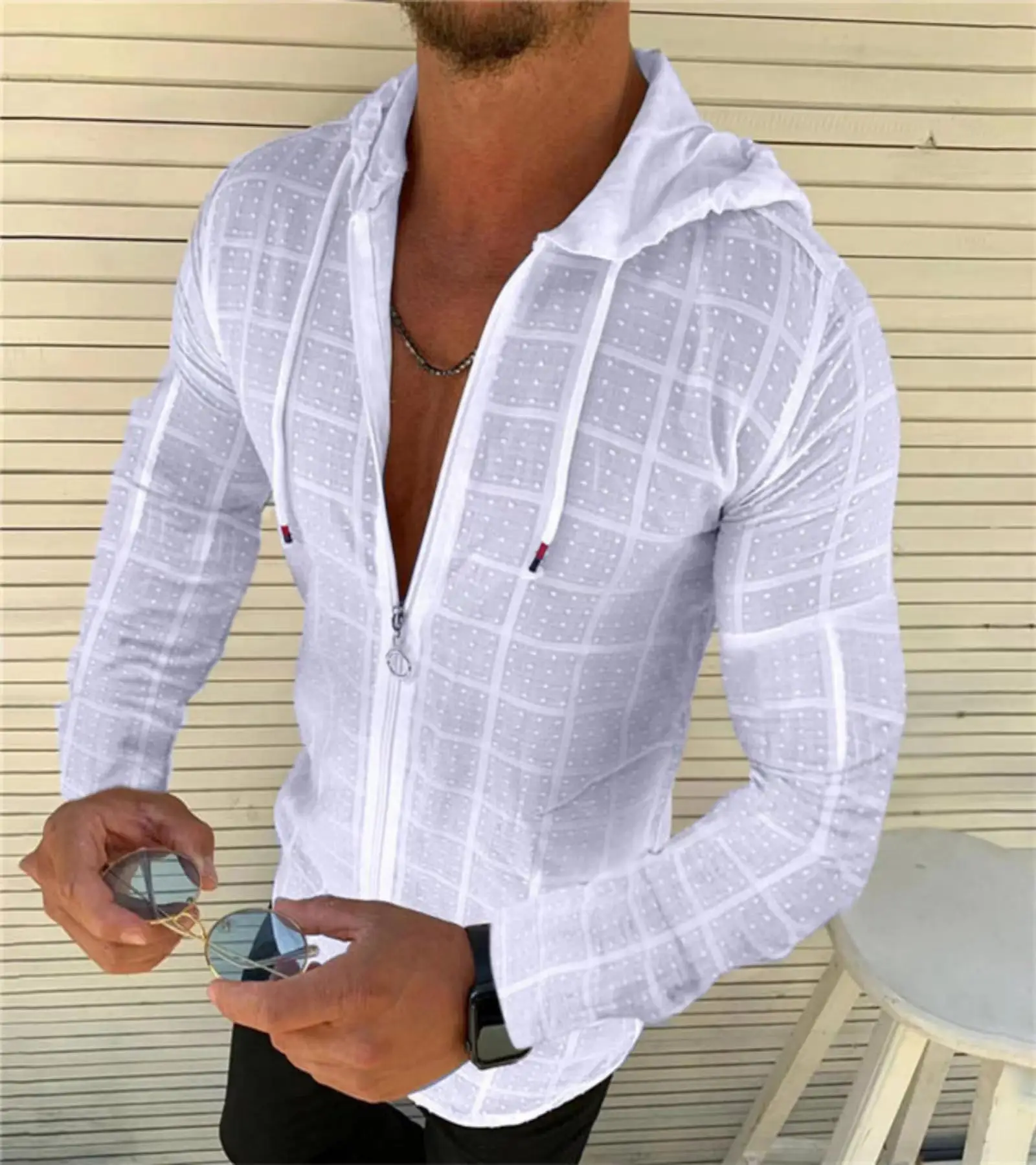 

Hot Spring Summer Men beach slim long sleeve T-shirt, hooded cardigan Men's T-shirt casual zipper hoodie sun Protection clothes