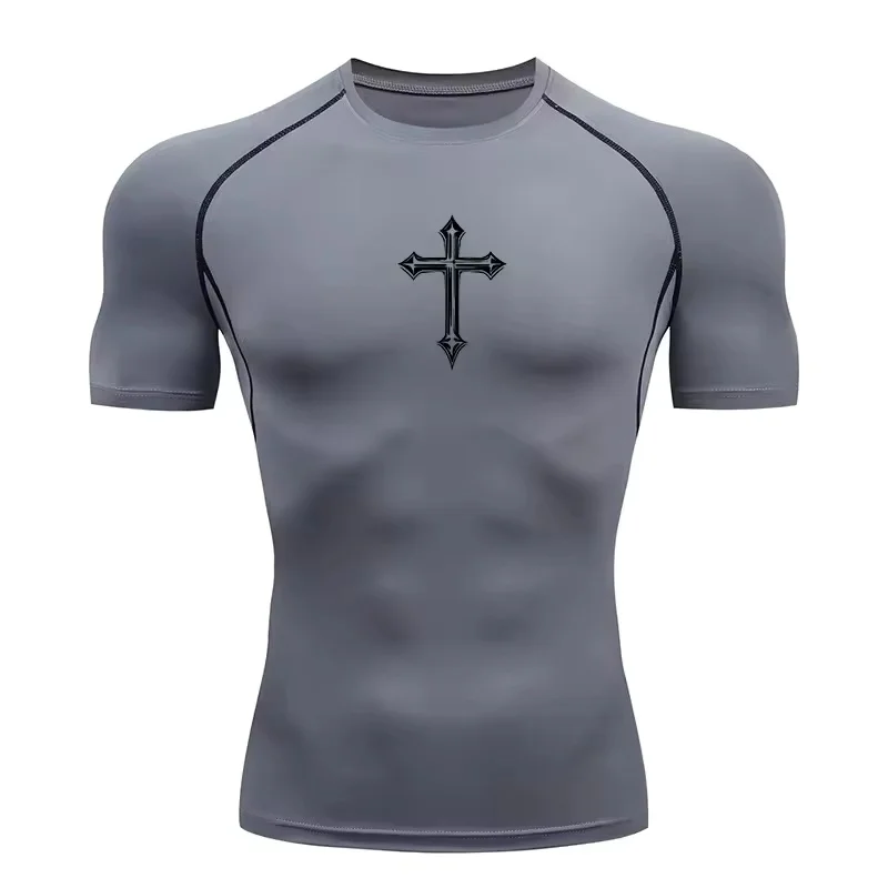 Cross Print Compression Shirt for Men Christian Athletic Tshirt Tees Tops Gym Workout Running Baselayers Undershirts Rash Guard
