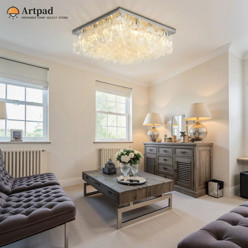 

White Shell Ceiling Lamp For Bedroom Living Room Nordic Luxury Seashell Ceiling Lights With Crystal Modern Square Chandelier