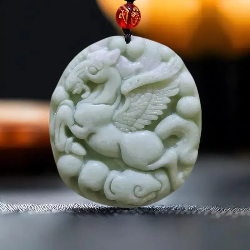 

Natural Real Jade Pegasus Pendant Necklace Carved Jewelry Amulet Gemstones Charm Accessories Talismans Vintage Luxury Stone