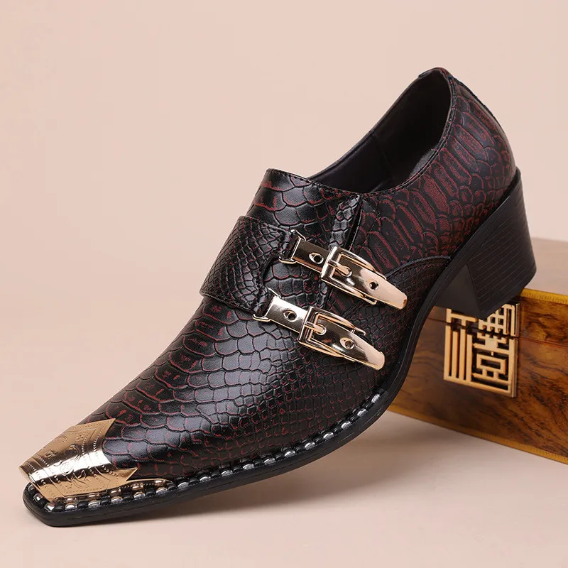 2026 Designer Men's Slip-On Derby Shoes Black Luxury Pu Snake Leather Pointed Toe Business Dress Shoes Trendy Party Wedding Shoe
