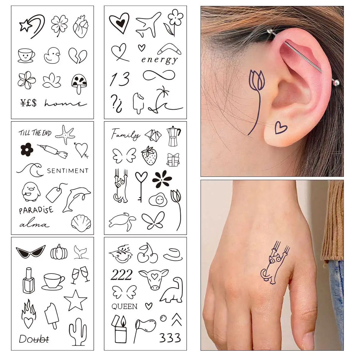 

6pcs Black Simple Line Flower Temporary Tattoo Stickers Waterproof Small Pattern Animal Fake Tattoo Wrist Arm Tattoo Body Art